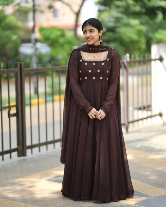 Siya - Deep drown floor length anarkali gown and duppata | Petals Chennai - Petals Chennai