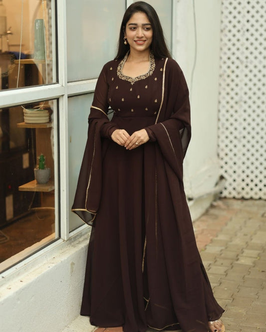 Vasunthra - Deep choclate brown floor length gown and duppata | Petals Chennai - Petals Chennai