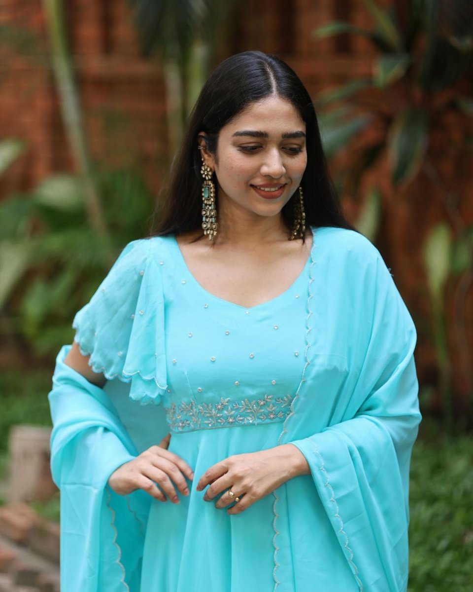 Veda - Aqua blue anarkali gown and duppata | Petals Chennai - Petals Chennai