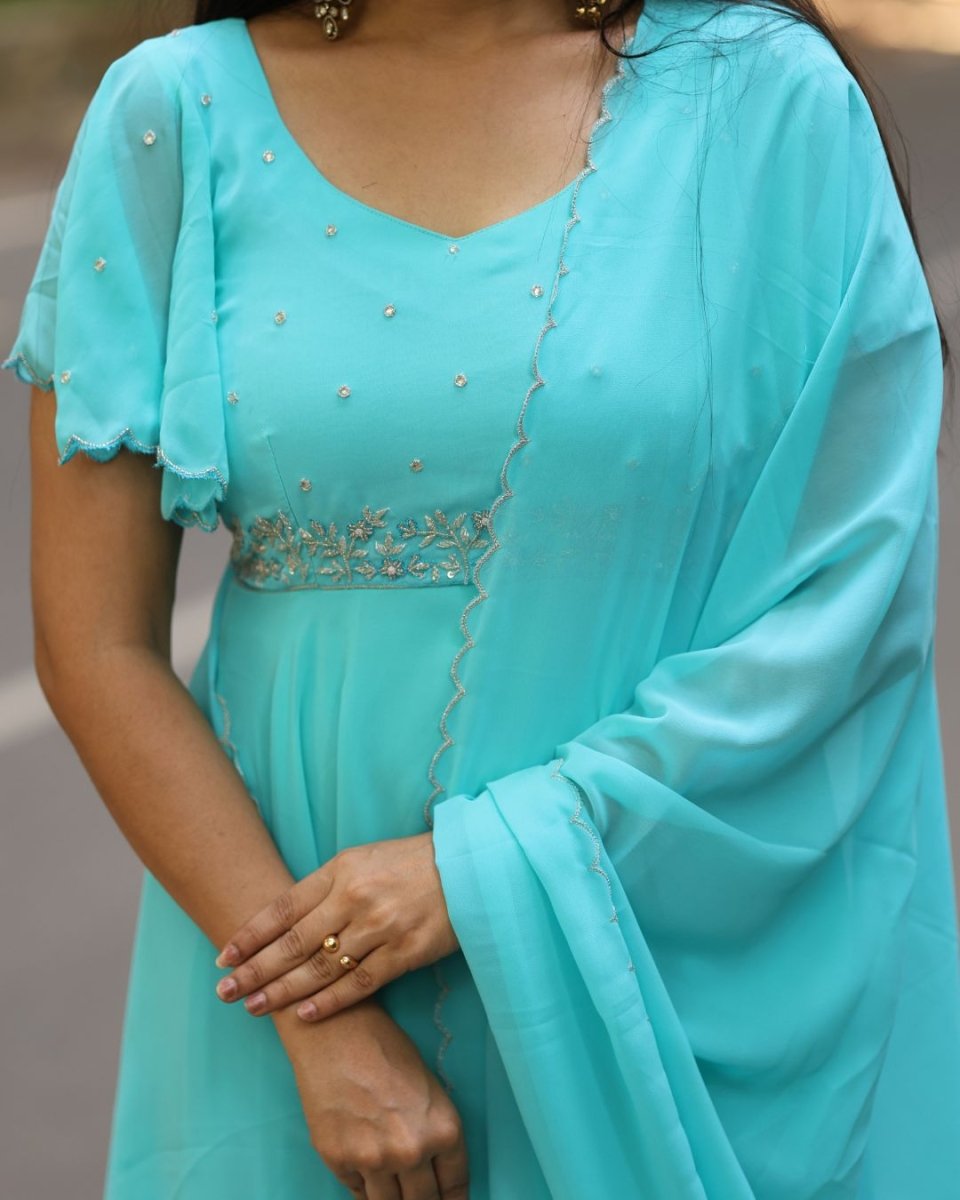 Veda - Aqua blue anarkali gown and duppata | Petals Chennai - Petals Chennai