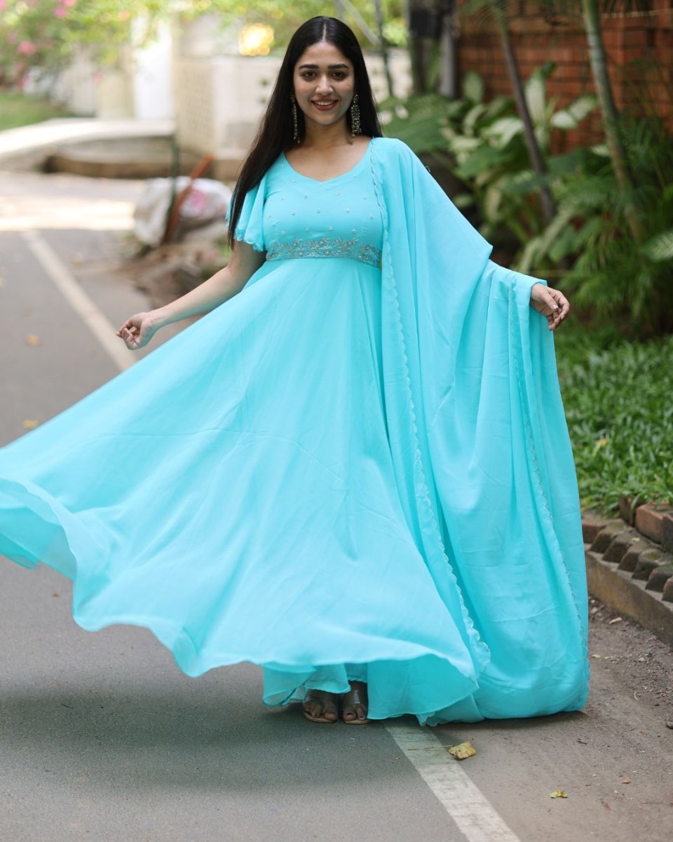 Veda - Aqua blue anarkali gown and duppata | Petals Chennai - Petals Chennai