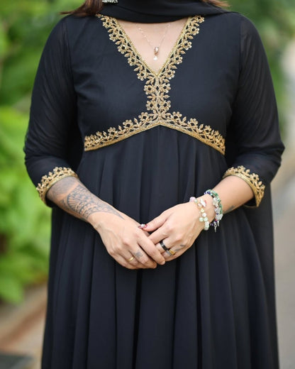 Ziya - Black with gold embellishment anarkali gown and duppata | Petals Chennai - Petals Chennai
